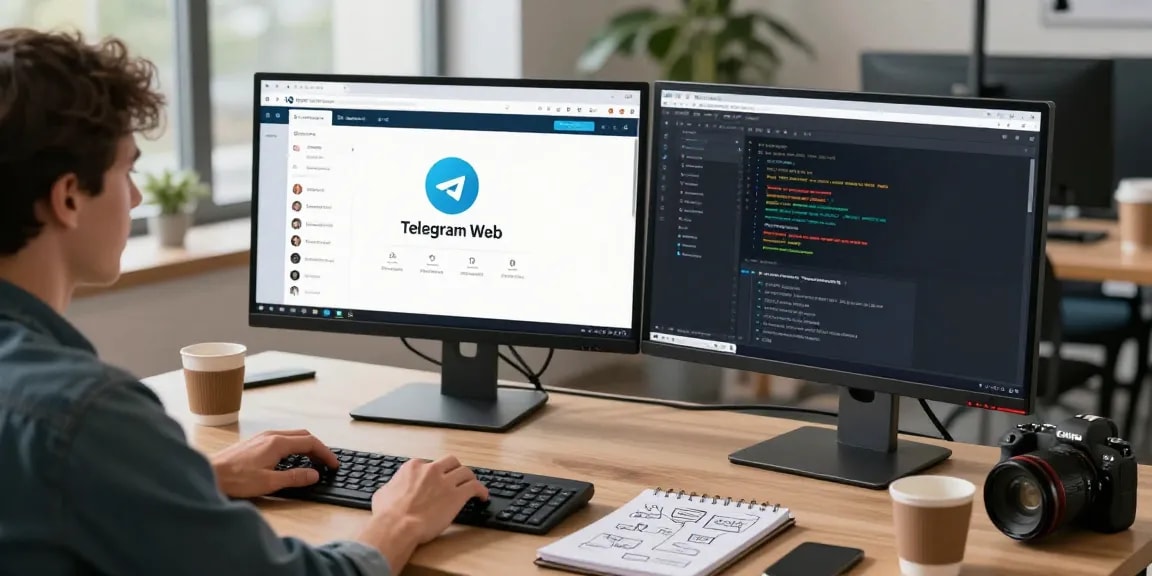 Using the Telegram Web Version on a modern desktop setup with dual monitors in a creative workspace.