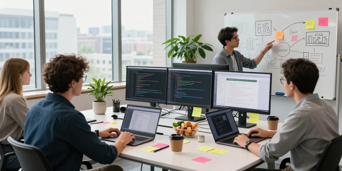 A collaborative workspace scene with software developers engaging around a table, showcasing the WPS Official Website's innovative approach.