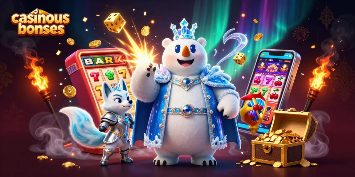 Win with casinous bonuses in a vibrant 3D casino scene featuring slot machines and playful characters.