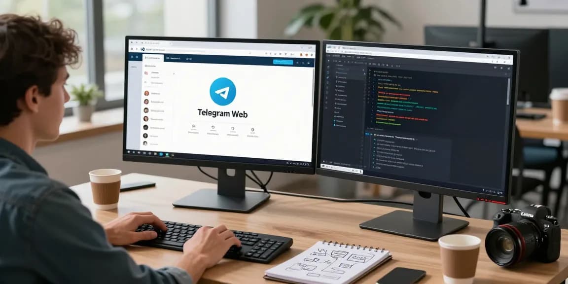 Using the Telegram Web Version on a modern desktop setup with dual monitors in a creative workspace.