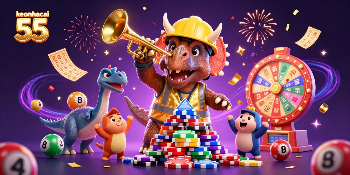 Engage with keonhacai 55 as a triceratops builds poker chip pyramid while lottery balls celebrate.