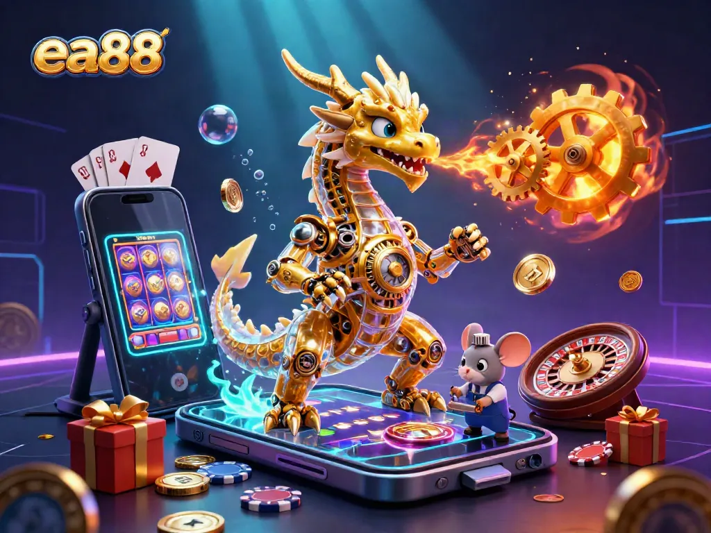 Engage with exciting slot games at ea88 featuring a golden dragon and a mouse engineer in a vibrant casino scene.