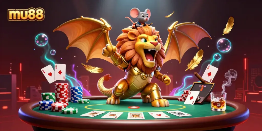 Experience the thrill of mu88 with a chimera creature and a mouse jockey amidst a lively poker scene.