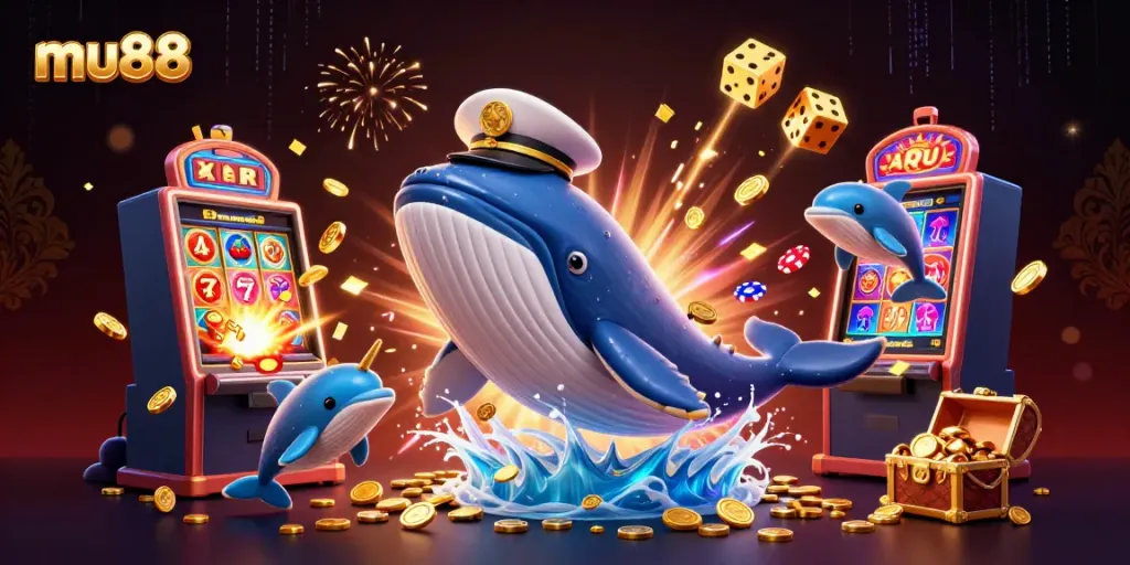 Engage in thrilling slots with mu88 featuring a whale and dolphins amidst cinematic casino excitement.