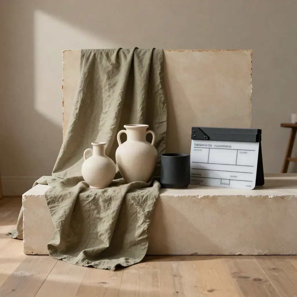 Solbelyst contentproduktion med linne, keramik och svarta prop boards i varm studio.