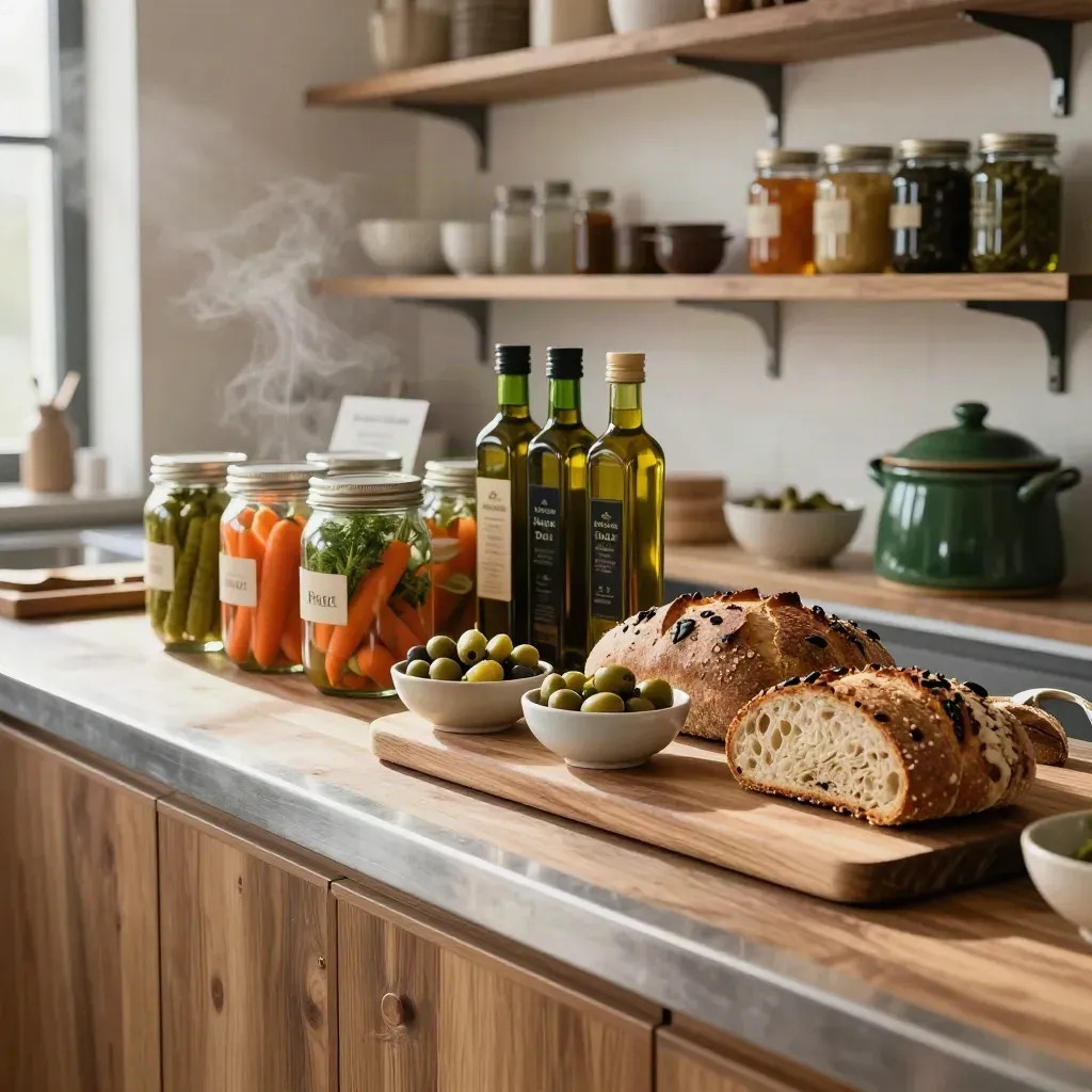Haga Deli-disk med bröd, olivolja, skålar och burkar i varmt eftermiddagsljus.