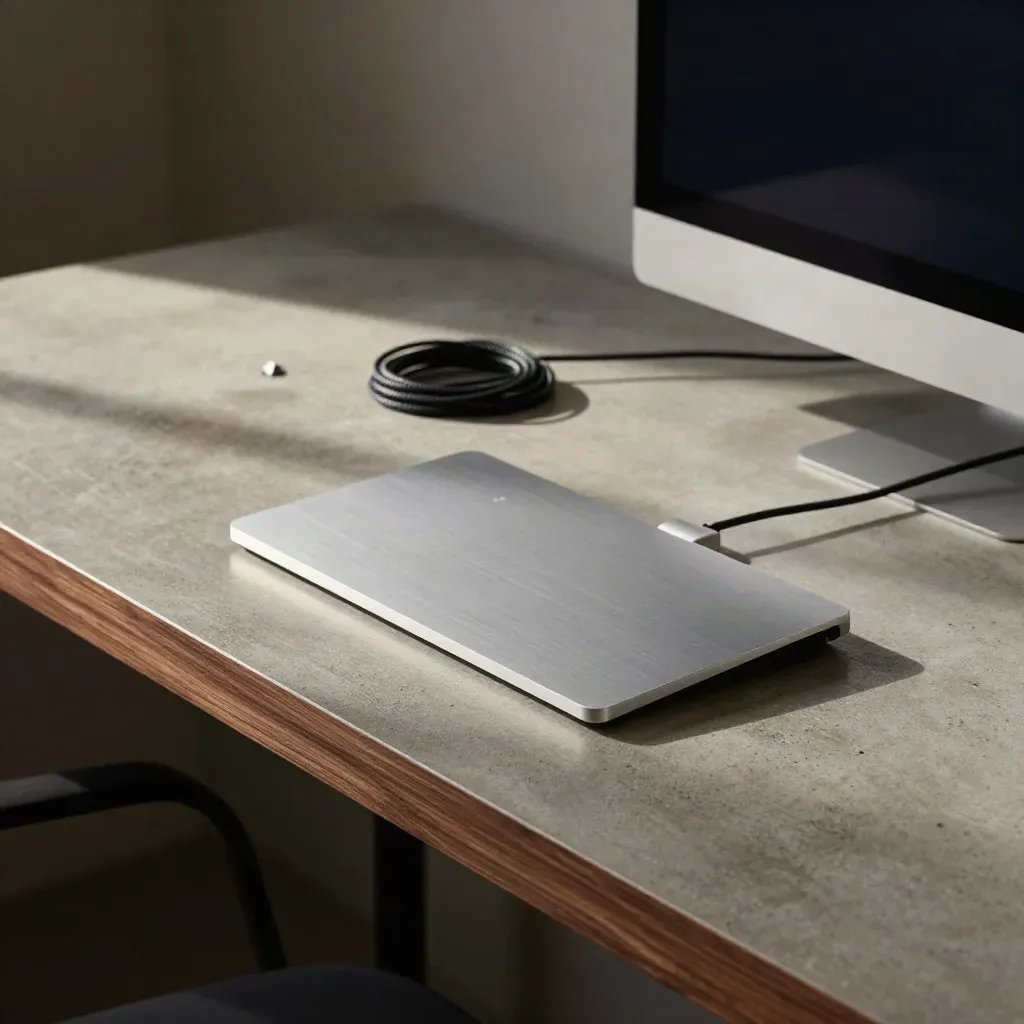 Trackpad, kabel och ställ på betongbänk i dramatisk studio.