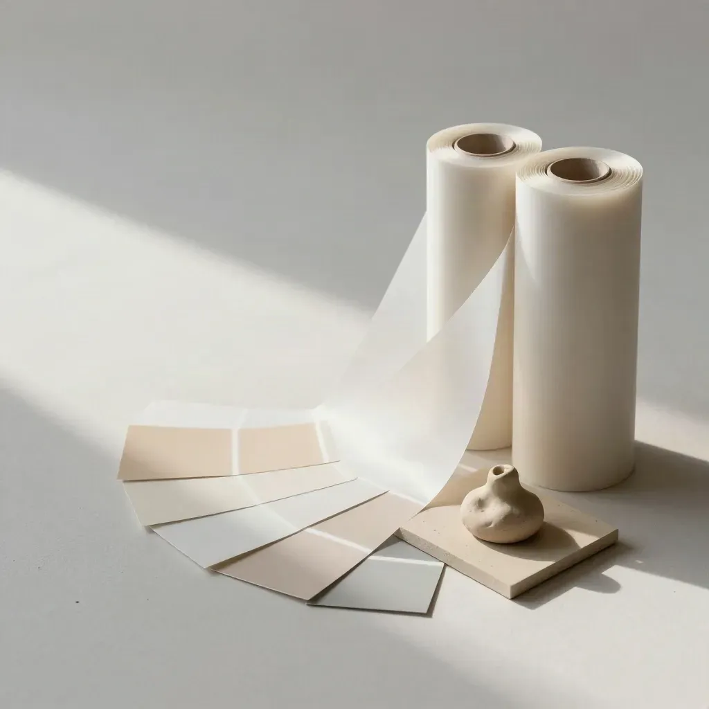 Tracing paper, färgprover och en liten lermodel på mjuk ljus plasteryta