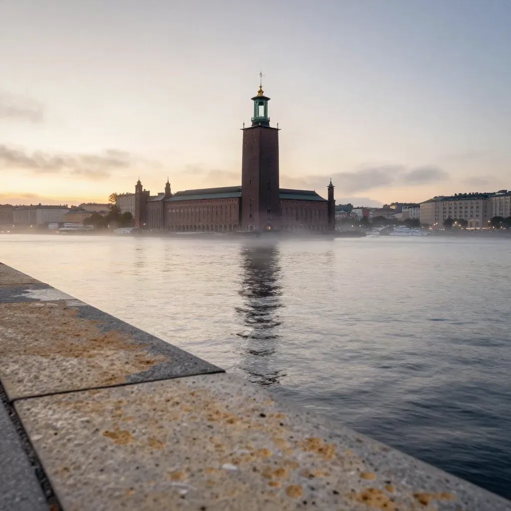 Stockholms stadshus i dimmig blå timme över stilla vatten och varm himmel