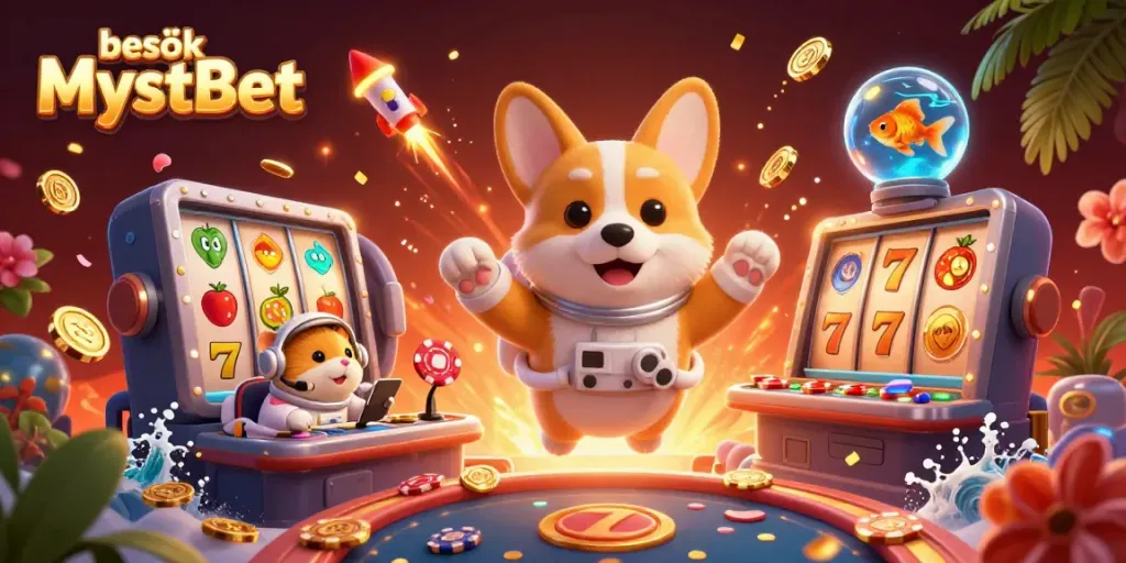 Upplev spänningen hos MystBet med en 3D-illustration av en astronaut-corgi i ett rymdcasino