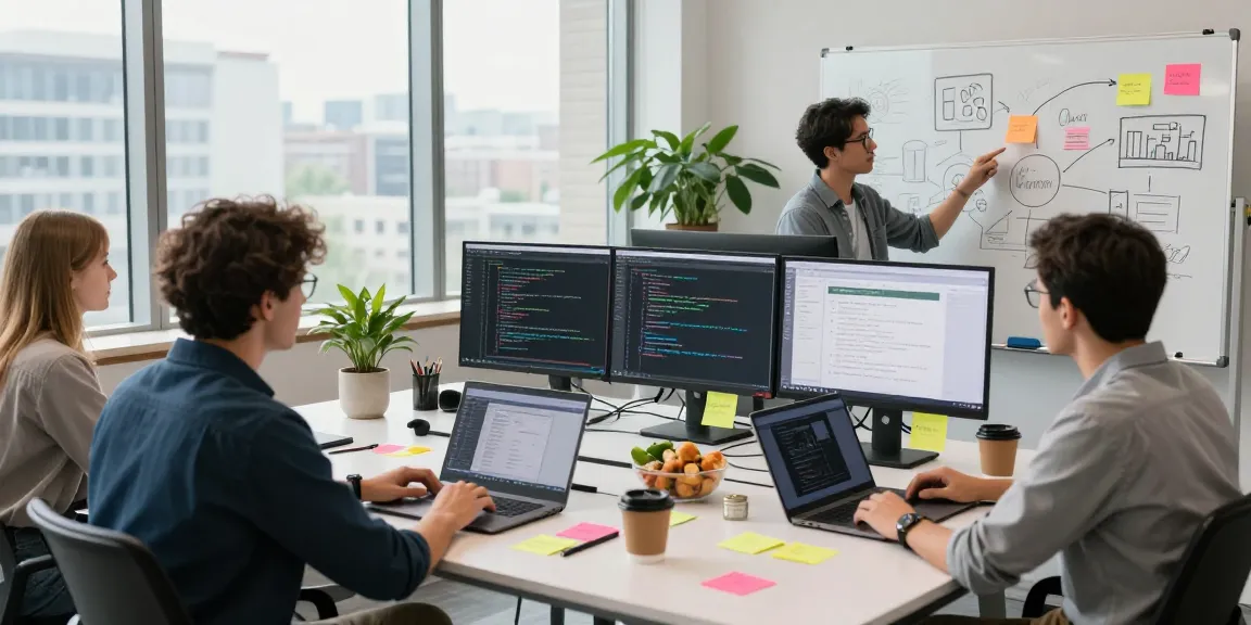 A collaborative workspace scene with software developers engaging around a table, showcasing the WPS Official Website's innovative approach.