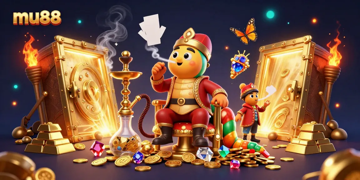 Experience mu88's vibrant casino adventure with a whimsical caterpillar master and treasure bustling around.