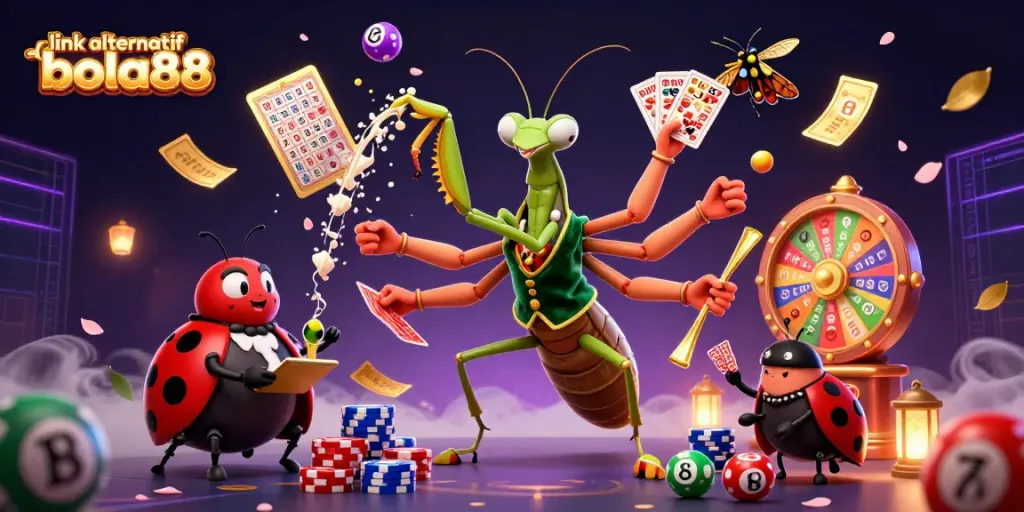 Experience fast betting with link alternatif bola88, enjoying vibrant visuals of a casino scene with a mantis dealer and lively game elements.