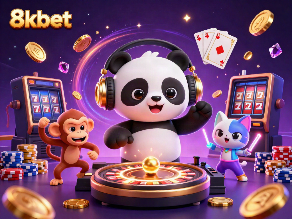 Engage with the lively 8xbet casino scene featuring a DJ panda, breakdancing monkey, and a kitten in rave gear surrounded by casino elements.