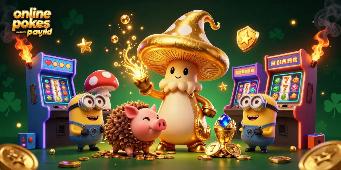 Play engaging online pokies in Australia with PayID, featuring vibrant gaming elements and golden icons.