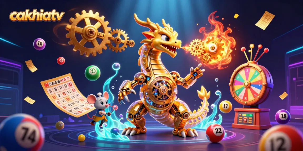 Engage with cakhiatv's dynamic gambling experience, featuring a golden dragon amidst vibrant casino elements.